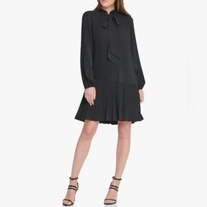 DKNY Womens Long Sleeve Tie Neck Pleated Dress black size 4